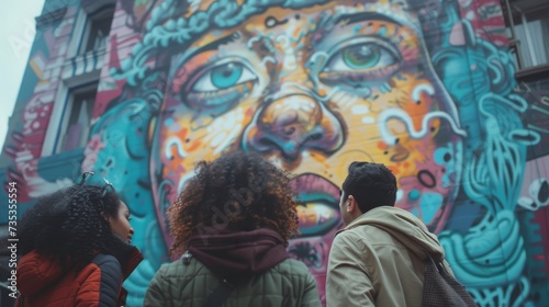 A diverse group of individuals stand in awe, captivated by the vibrant colors and intricate details of a large street mural depicting a human face, its striking presence evoking a sense of wonder and