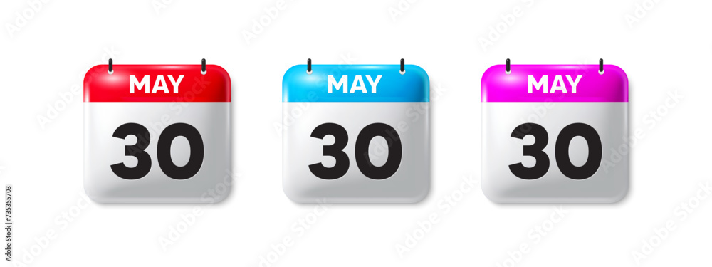 Calendar date 3d icons set. Month event schedule date. Meeting appointment calendar, time planner reminder banner. Diary organizer. May 30th calendar date. Vector illustration Calendar date 3d icons set. Month event schedule date. Meeting appointment calendar, time planner reminder banner. Diary organizer. May 30th calendar date. Vector illustration