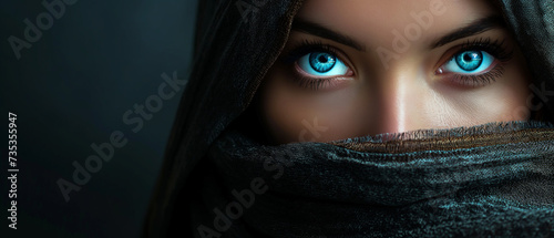 Feche o retrato de uma bela jovem com olhos azuis e véu preto photo