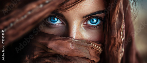 Feche o retrato de uma bela jovem com olhos azuis e lenço marrom photo