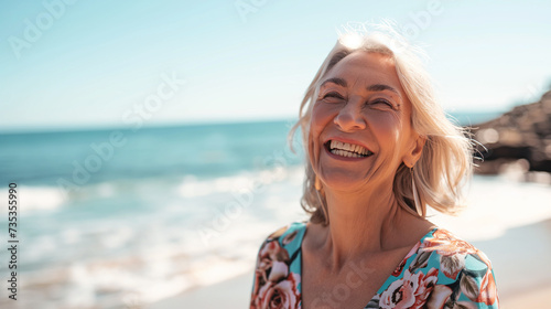 Retrato de uma mulher sênior sorridente em pé na praia em um dia ensolarado