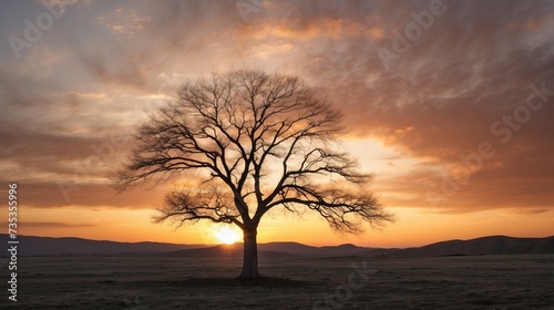 Leafless tree with sunset 