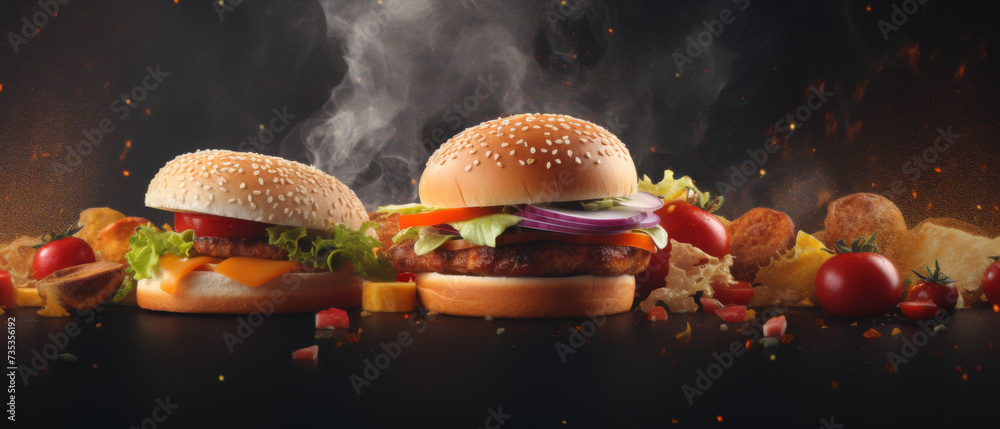 Fast Food Feast with Cheeseburgers, Crispy Chicken Sandwiches, Fries, and Fresh Tomatoes on a Dark Dramatic Background Fast Food Feast with Cheeseburgers, Crispy Chicken Sandwiches, Fries, and Fresh Tomatoes on a Dark Dramatic Background