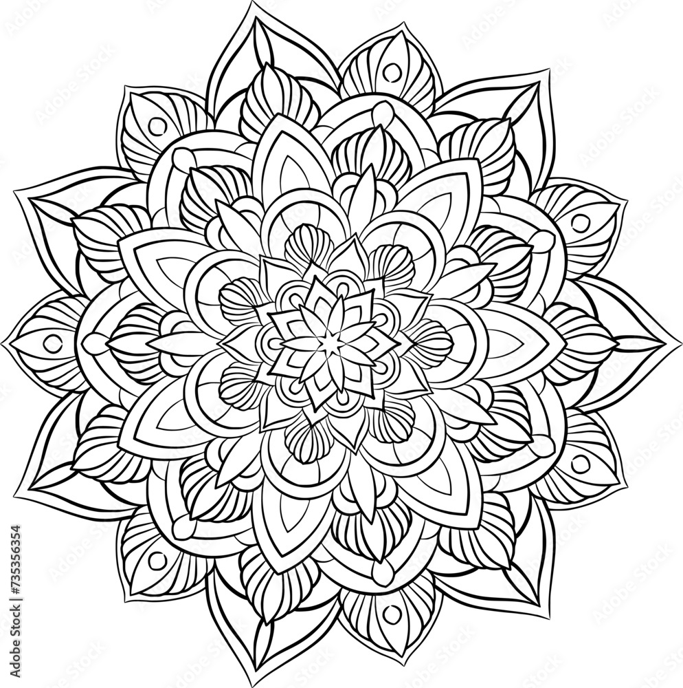 Floral mandala outline illustration on transparent background