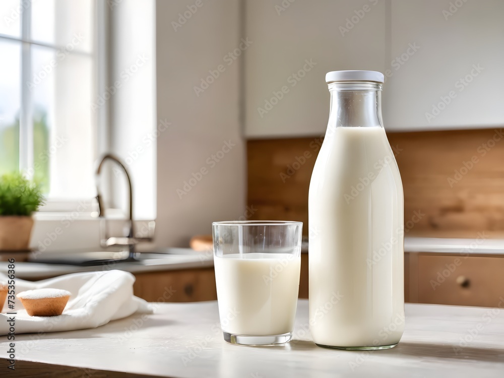 Bottle and glass of fresh milk in the kitchen Bottle and glass of fresh milk in the kitchen