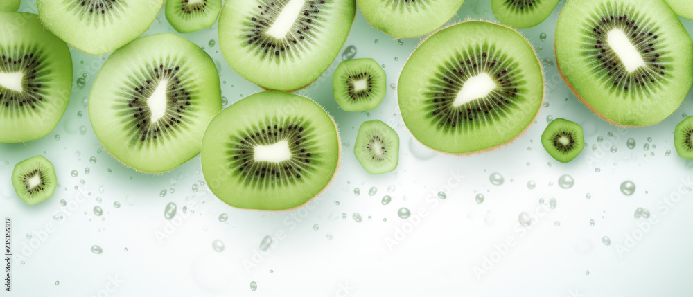 Fototapeta premium Fresh Sliced Kiwi Spread with Dew Drops on a Light Background