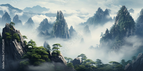 Mystical Morning Mist Over the Lush Peaks of Huangshan Mountain Range photo