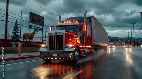 Truck Transportation logistics captured as a red semi-truck blazes down a wet urban road, lights reflecting off the pavement, a symbol of 24/7 cargo delivery services