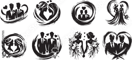 Set of lesbian and gay black and white graphics, Collection of cute lgbt wedding ceremonies isolated vector,  Romantic scenes with happy same sex spouses celebrating marriage