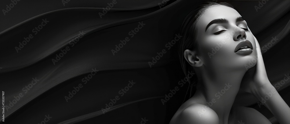 Elegance in Skin. A Woman Models Skincare Against a Luxurious Black Background with Minimalistic Lines. Elegance in Skin. A Woman Models Skincare Against a Luxurious Black Background with Minimalistic Lines.