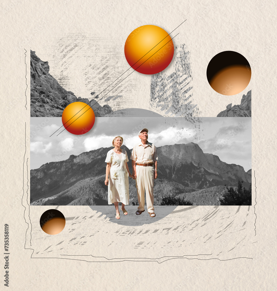 Senior couple walking together on abstract background. Retired elderly people man and woman enjoy and fun outdoor activity