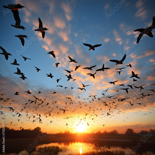 Synchronized Ballet in the Sky: A Flock of Birds in Harmonious Flight © Joe