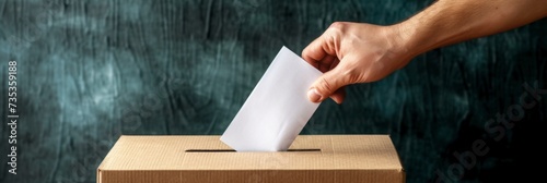 Close-up of a hand casting a ballot into a simple cardboard voting box photo