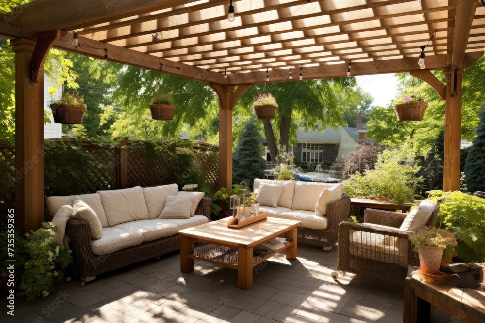 Cozy patio with sofas and a table. Pergola shade over patio. Cozy patio with sofas and a table. Pergola shade over patio.