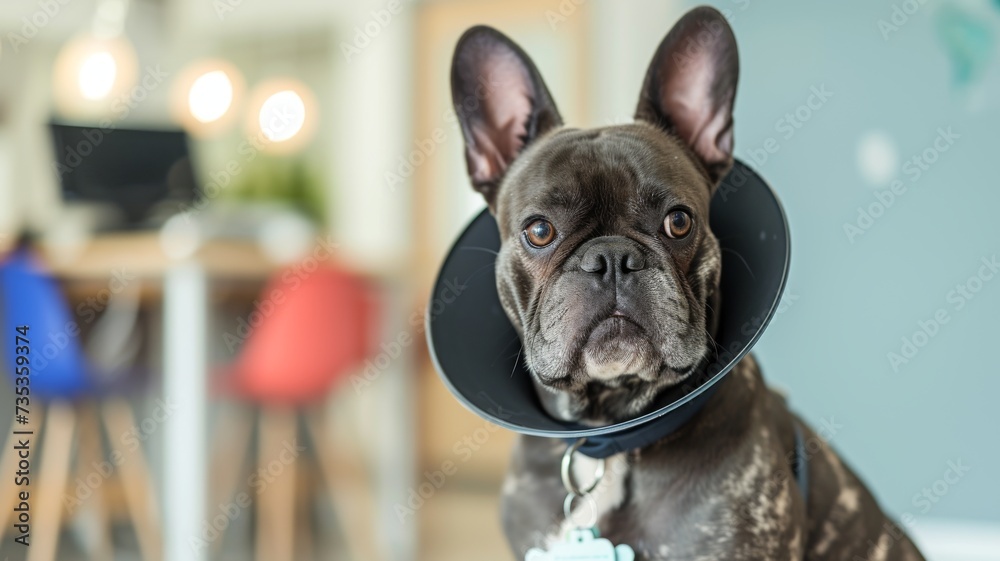 Brindle French Bulldog wearing a black protective cone in an office setting with colorful chairs