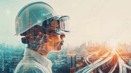 Double exposure of a worker with a hard hat and virtual reality of a cityscape symbolizing futuristic construction