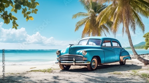 Blue old car parked on a tropical beach