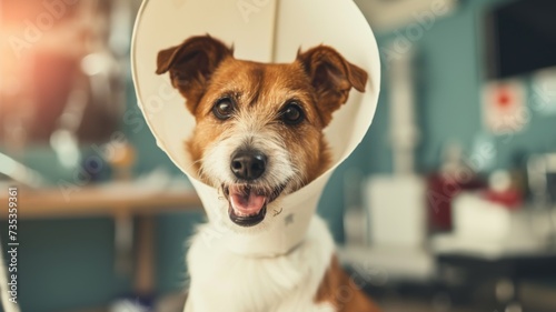 Joyful terrier with a protective cone around its neck in a home environment, looking cheerful