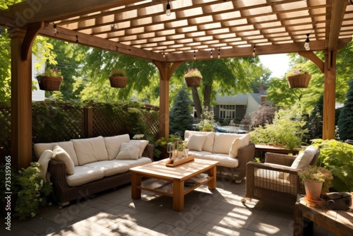 Cozy patio with sofas and a table. Pergola shade over patio. © Lubos Chlubny