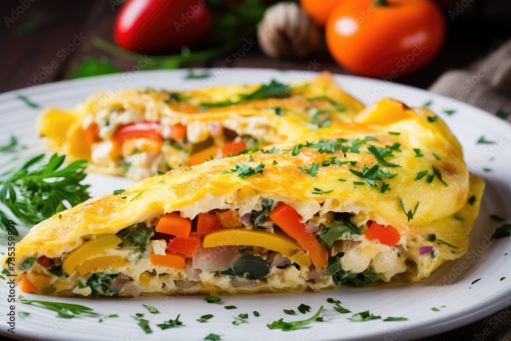 Healthy breakfast food, stuffed egg omelette with vegetable