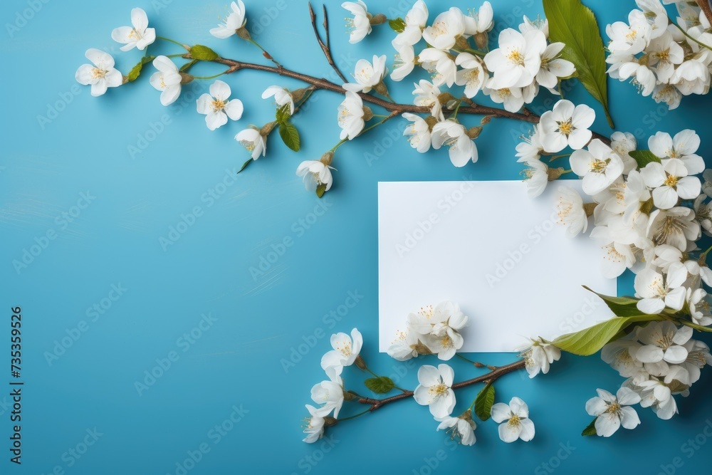 Cherry tree blossom, branches with white spring flowers and envelope over blue background Cherry tree blossom, branches with white spring flowers and envelope over blue background