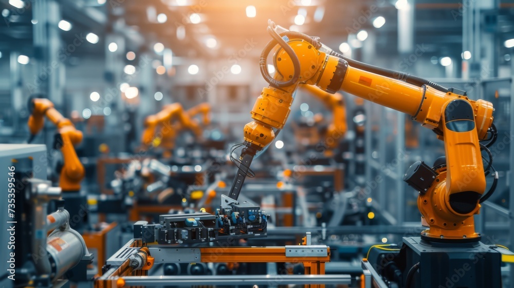 Multiple orange robotic arms operating machinery in an industrial environment with precision and automation Multiple orange robotic arms operating machinery in an industrial environment with precision and automation