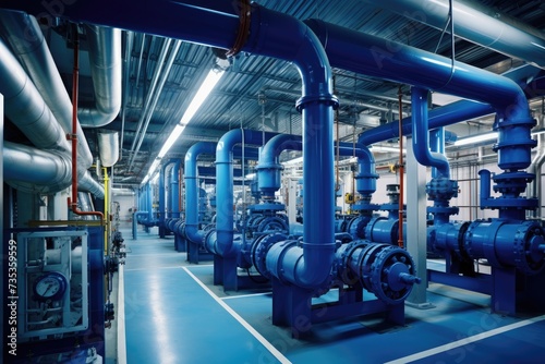 Modern industrial building with pipes, heat exchangers and valves.
