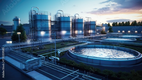 Modern wastewater treatment plant of chemical factory. Water purification tanks photo