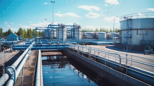 Modern wastewater treatment plant of chemical factory. Water purification tanks