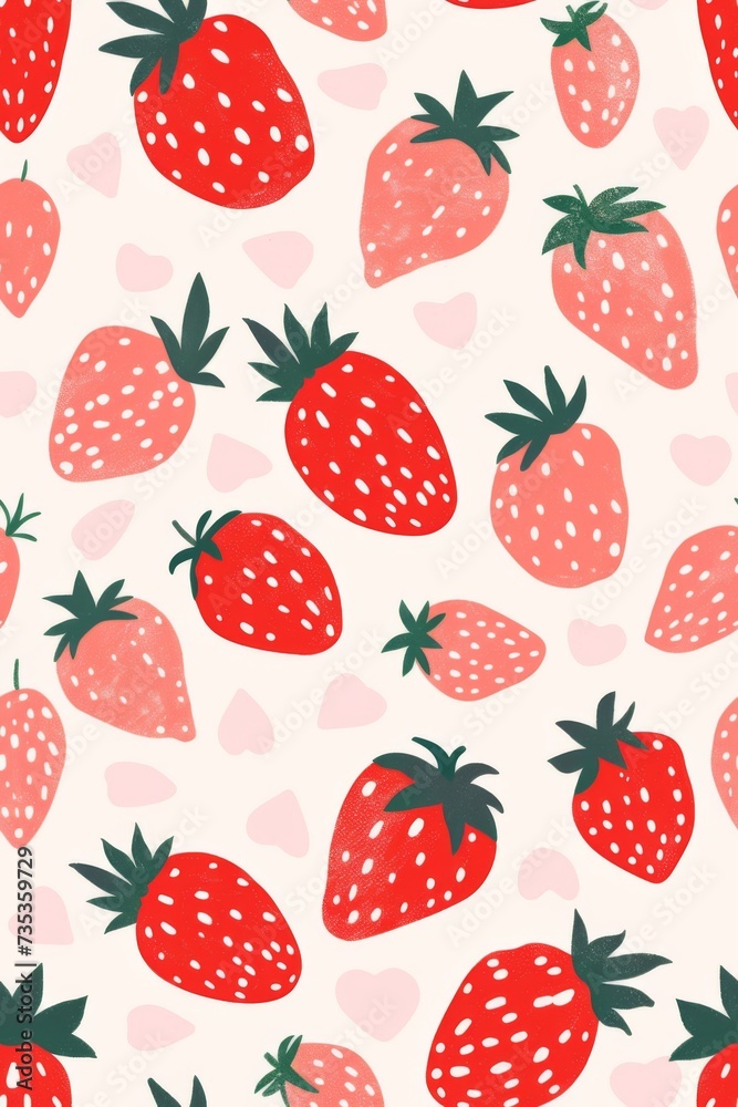 Charming pattern of red strawberries and pink hearts on a soft white background Charming pattern of red strawberries and pink hearts on a soft white background