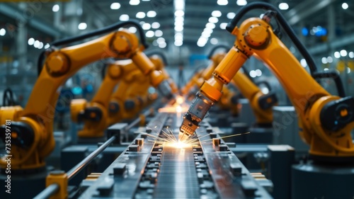 Robotic arms engaged in intricate welding tasks on an assembly line in a modern manufacturing plant