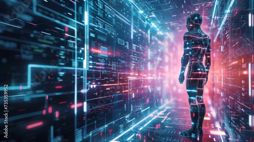 A human silhouette stands amidst a vast network of data points and connections in a virtual space
