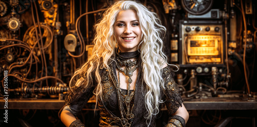 Smiling Young Woman in Elaborate Steampunk Attire Against a Gear-Filled Backdrop