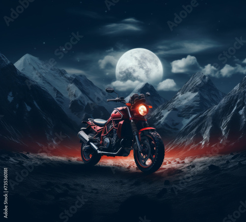 Red Motorcycle with Glowing Headlight on a Moonlit Mountain Pass at Night