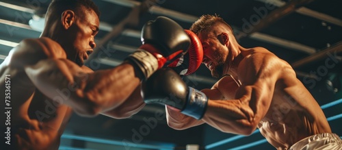 Two Professional Boxers Engaging in a Competitive Match Inside the Boxing Ring