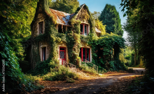 Enchanted abandoned house overgrown with ivy in a forest setting