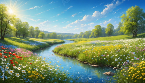 A breathtaking view of a colorful meadow of wildflowers, with a mixture of daisies and poppies, a river under the radiant sun in a clear blue sky.