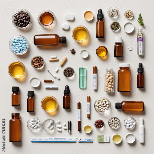 A meticulously arranged knolling display of pharmaceutical products including pills, tablets, liquid medicines, and supplements on a soft-toned backdrop.