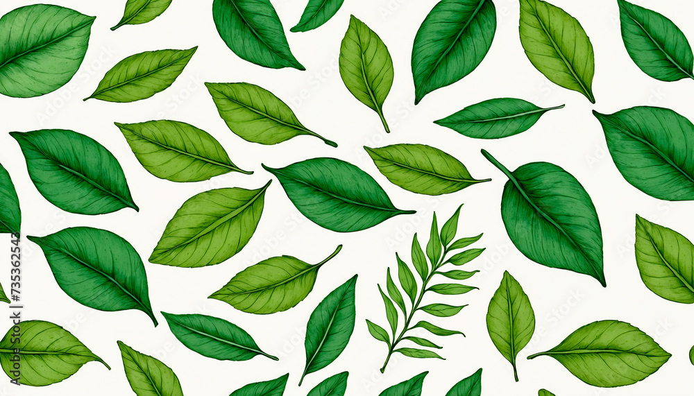 A variety of green leaves, hand-drawn, arranged in a pattern suitable for wallpaper, textiles or other design projects.