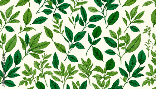 A variety of green leaves  hand-drawn  arranged in a pattern suitable for wallpaper  textiles or other design projects.