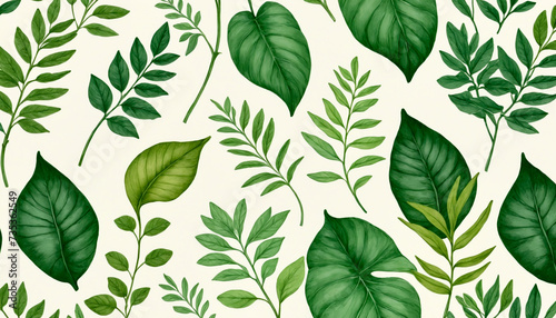 A variety of green leaves, hand-drawn, arranged in a pattern suitable for wallpaper, textiles or other design projects.