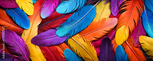 Close-up of bright overlapping feathers showing a variety of shades and textures. © vladnikon