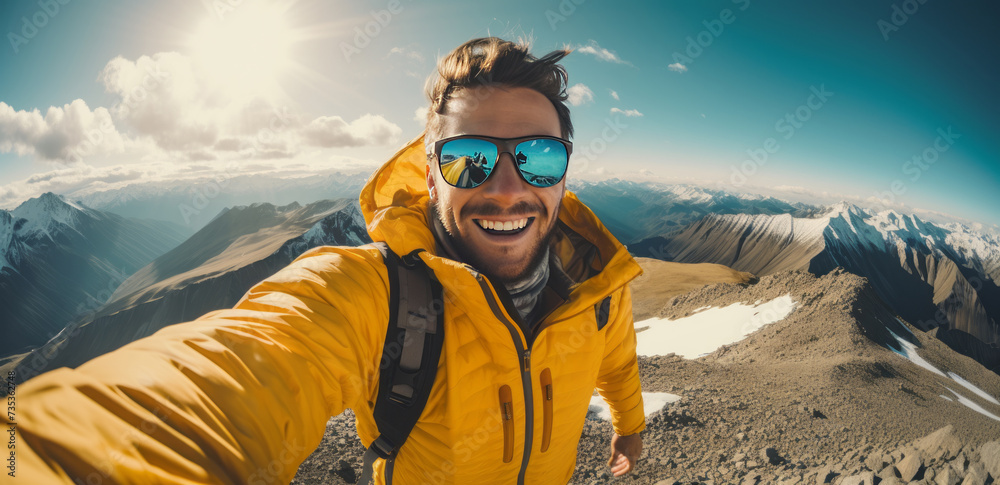 Young man takes selfie on mountain summit with breathtaking panoramic view
