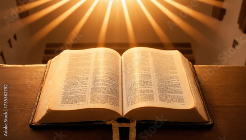 An open Bible is poised on the altar of a well-lit church, with sunlight casting a warm glow on its pages, highlighting its spiritual significance.