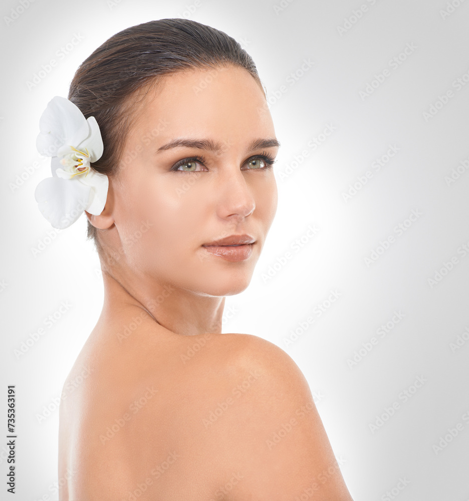Thinking, flower and woman with beauty, dermatology and skincare on white studio background. Person, model and girl with natural cosmetics or organic with smooth or wellness with shine or aesthetic Thinking, flower and woman with beauty, dermatology and skincare on white studio background. Person, model and girl with natural cosmetics or organic with smooth or wellness with shine or aesthetic