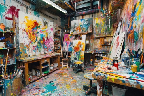 An artist's studio in full creative chaos, paint splattered everywhere, canvases in various stages of completion, vibrant colors clashing and blending. Resplendent. © Summit Art Creations