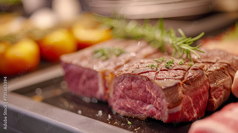 A person is slicing a piece of beef steak on a cutting board