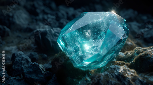 a large blue diamond is sitting on top of a rock