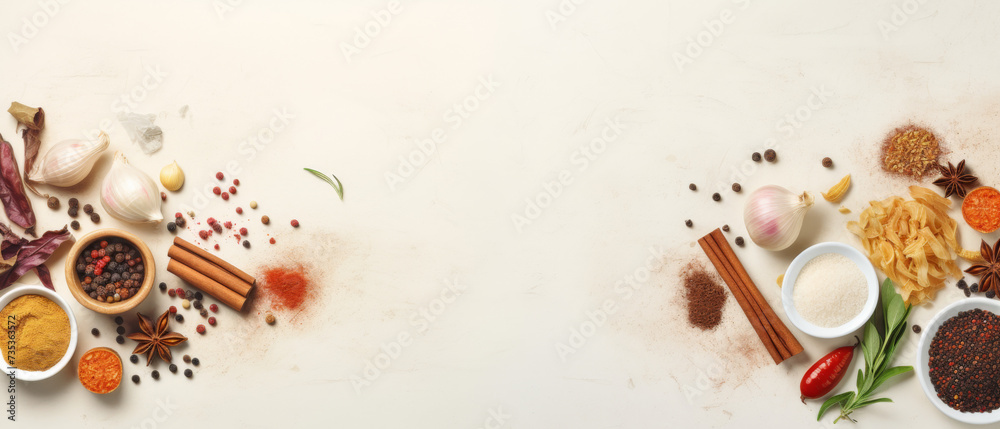 Assorted spices and herbs scattered on a white textured surface for culinary preparation Assorted spices and herbs scattered on a white textured surface for culinary preparation