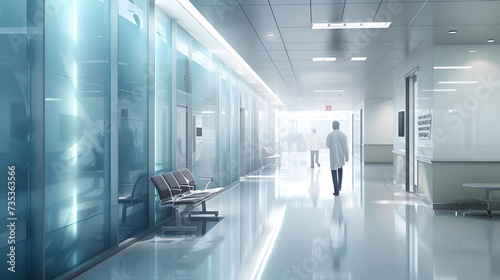 A doctor strolls through the hospital hallway, passing by fixtures and windows